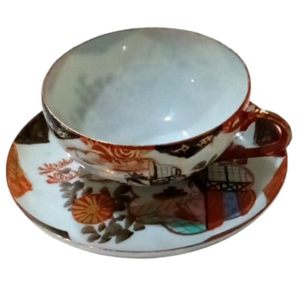 Antique Japanese Kutani Egg Shell Porcelain Hand Painted Cup & Saucer Set